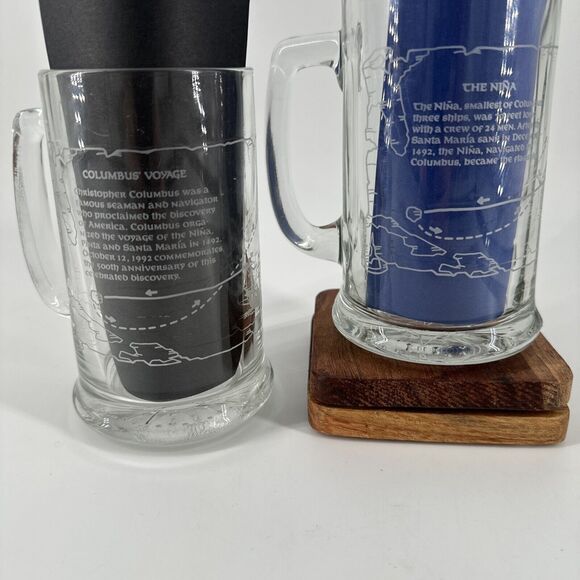 Beer Mugs 2 Nautical Etched Glass "The Nina" Columbus Voyage VTG 5.5” T Barware - Picture 1 of 12